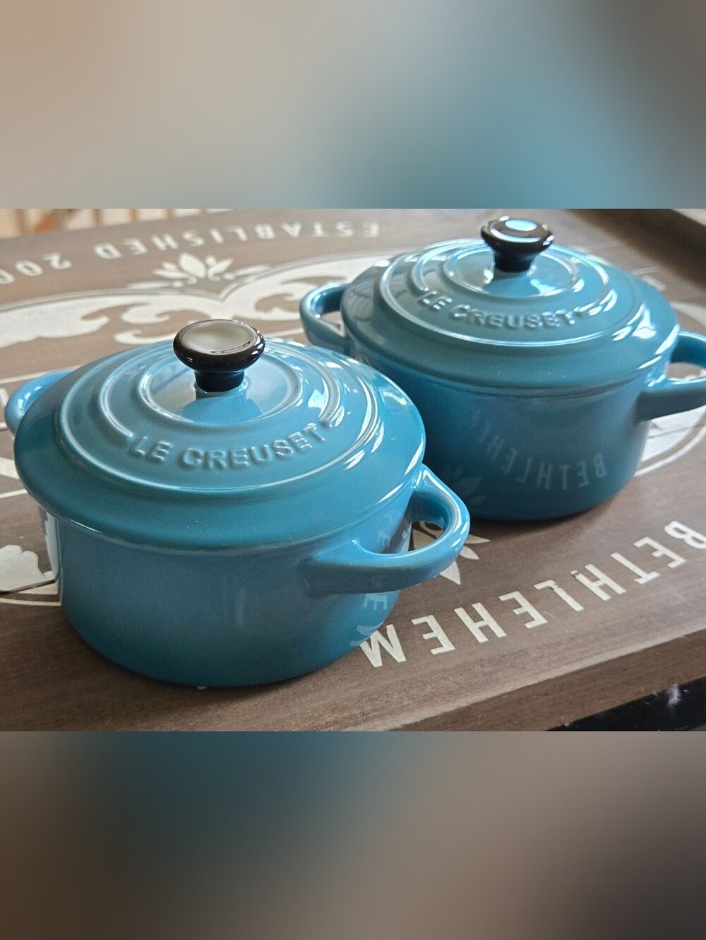 Set of 2 Brand New Le Creuset 10 cm Stoneware Mini Round Cocotte Caribbean Blue